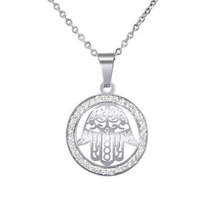 Silvego Ocelový náhrdelník s přívěskem ruky Fátimy s křišťálem KMM39914N