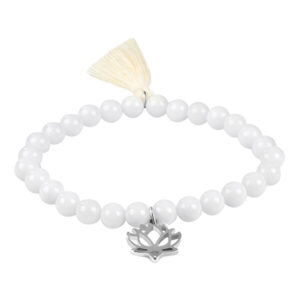 Troli Korálkový náramek z bílého achátu s lotosovým květem a střapcem 17 cm
